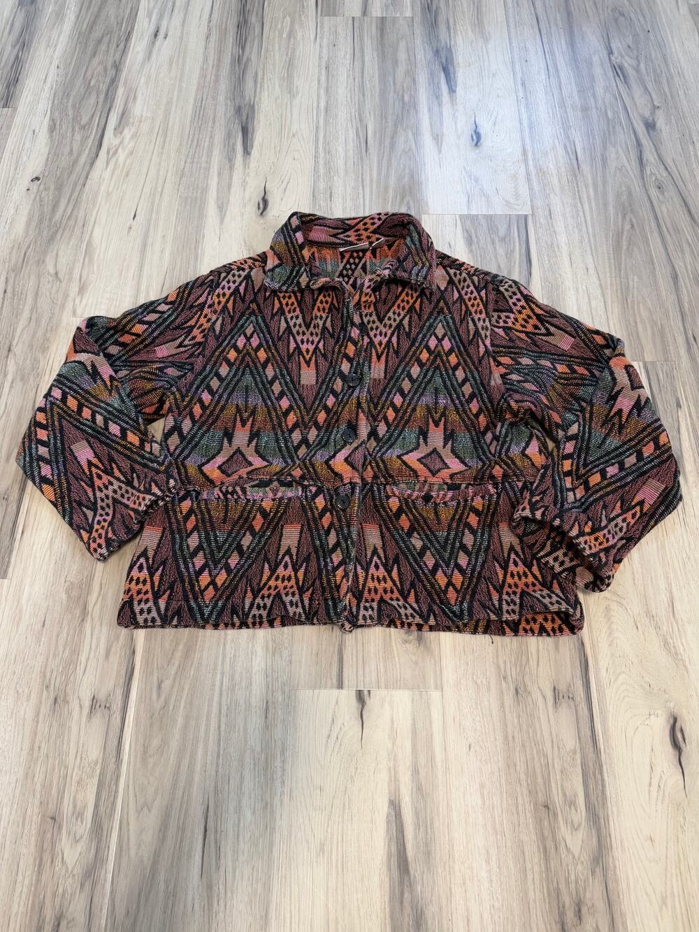 Rare 90s Vintage Chico's Design Southwestern Tribal Woven Tapestry Jacket Size 1